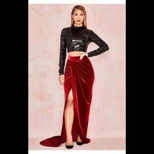House of CB Therina  Velvet High Split Maxi Skirt